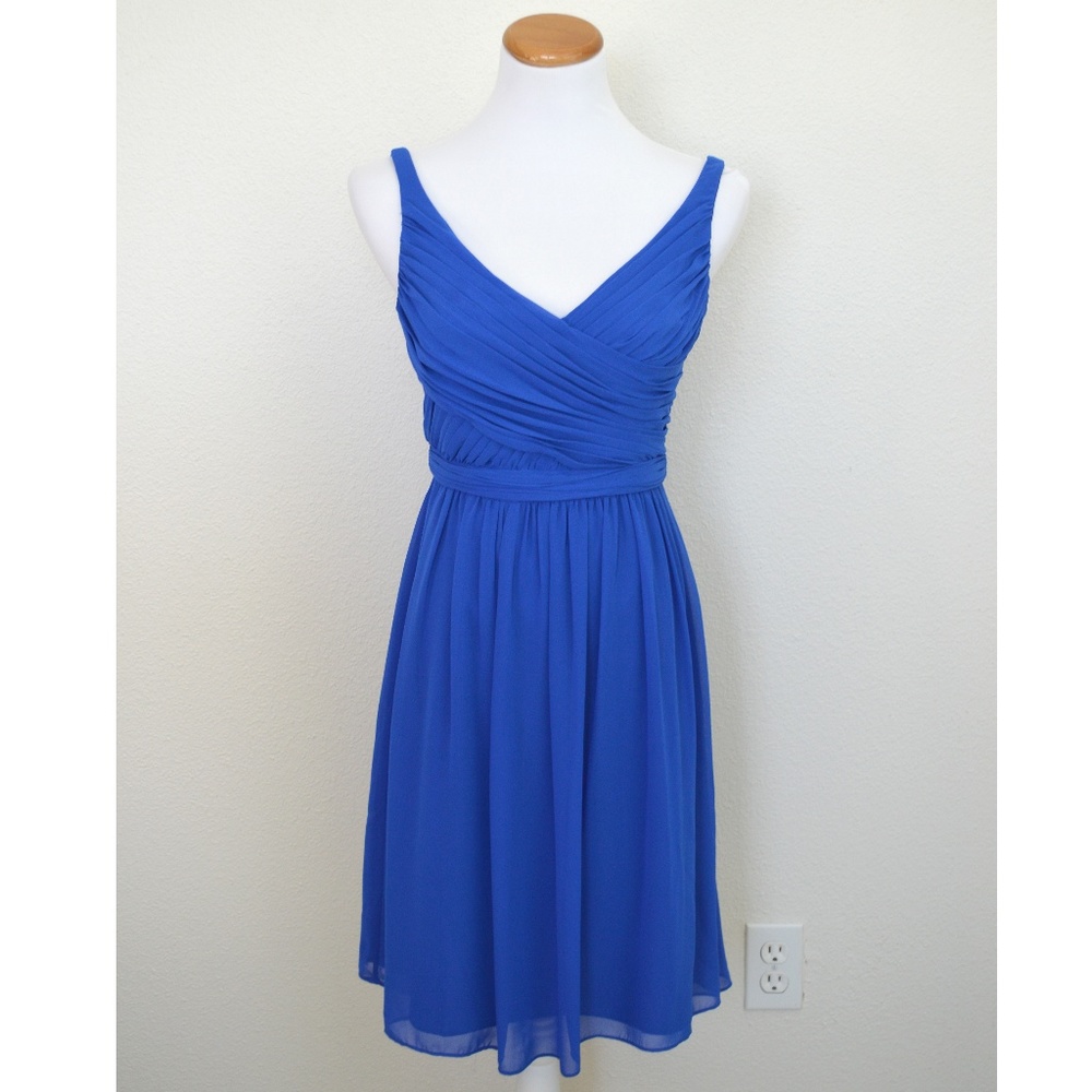 David's Bridal Royal Blue V-Neck Chiffon Cocktail Dress